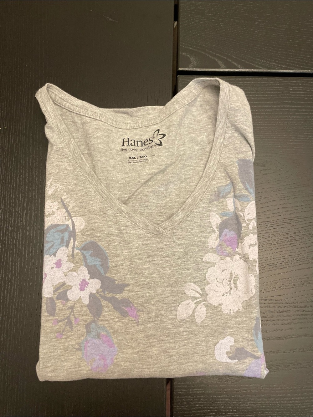 Hanes Gray V-Neck Tank Top with Floral Accents